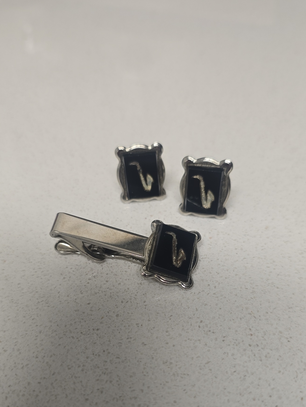 Silver-Tone Black Enamel Saxophone Cufflinks and Tie Clip Set